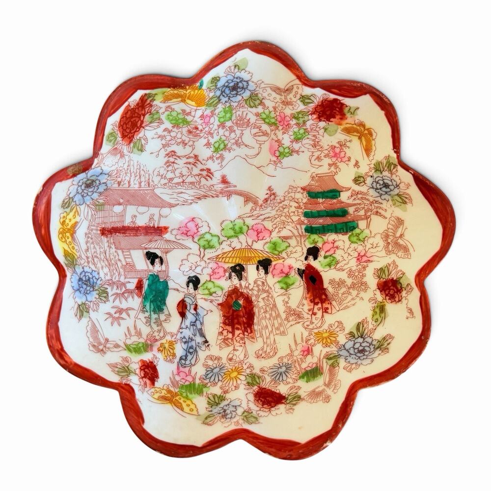 Antique Porcelain Japanese Geisha Girls 6" Hand Painted Bowl Red Scalloped Edge